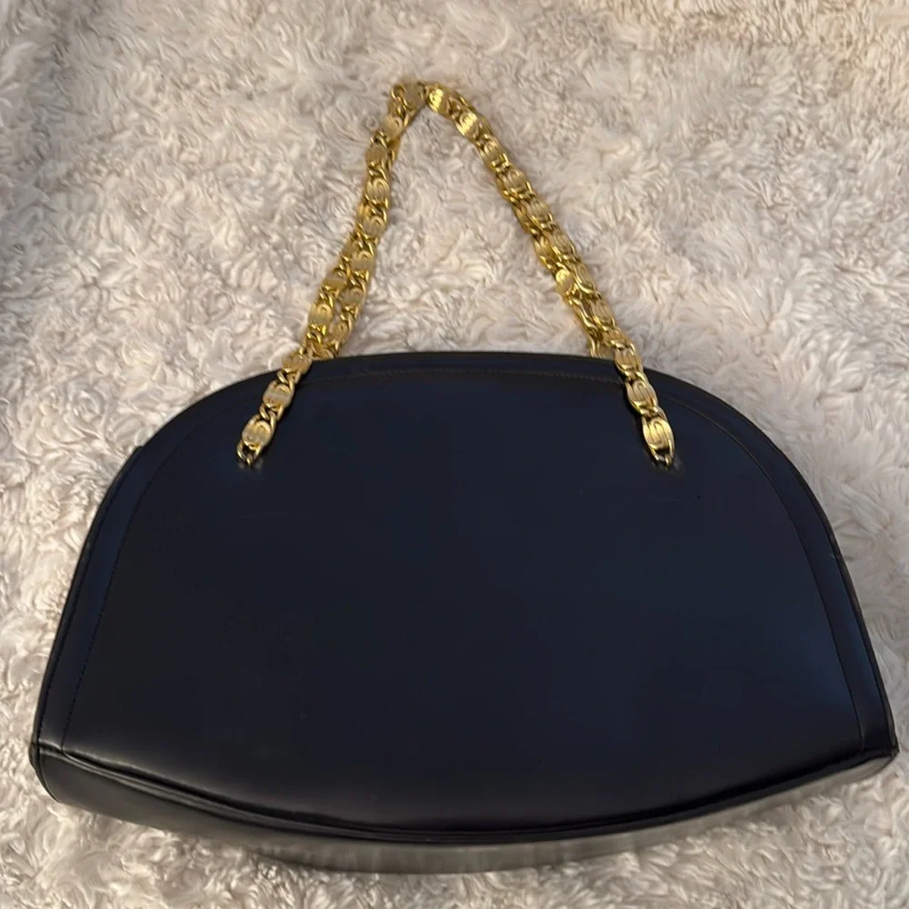 Vintage black leather Crown Lewis purse bag w/ gold chain - Picture 3 of 11